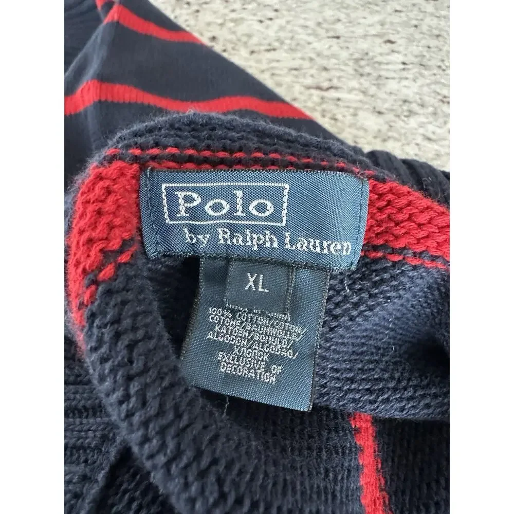 Polo Ralph Lauren Navy Red Striped Tight-Knit Mock Neck 1/4 Zip Sweater XL